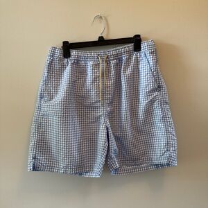 Light Blue Gingham Swim Trunks with Elastic Waistband